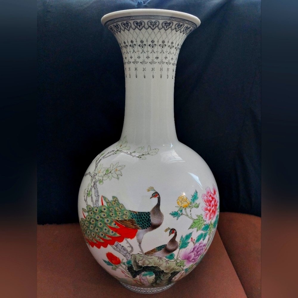 Vintage Jingdezhen Hand-painted Porcelain Famille Rose Peacock & Floral Vase